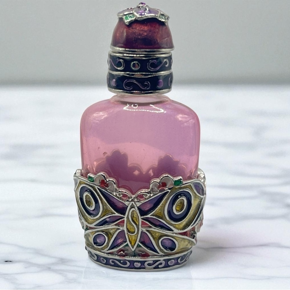Vintage MONET Pink Glass Perfume Bottle w/ Enamel Butterfly & Floral Design‎